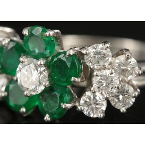 Cartier Platinum Emerald and Diamond Triple Flower Engagement Ring Ca. 1950s - Picture 6 of 10